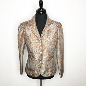 Victor Costa brown blue floral beaded rhinestone button blazer jacket size 6
